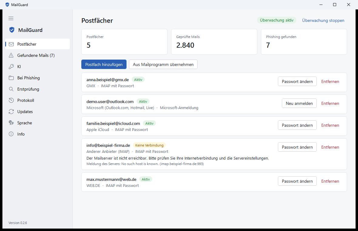 MailGuard – die Übersicht der Postfächer