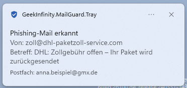 Die Benachrichtigung, wenn MailGuard Phishing findet