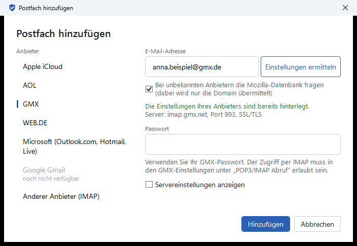 Ein Postfach hinzufügen