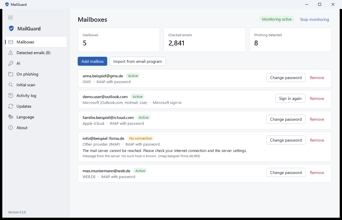 MailGuard – the mailbox overview