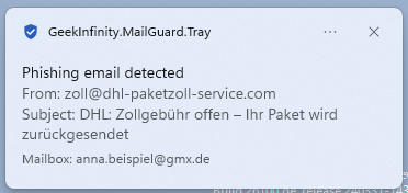The notification when MailGuard catches phishing